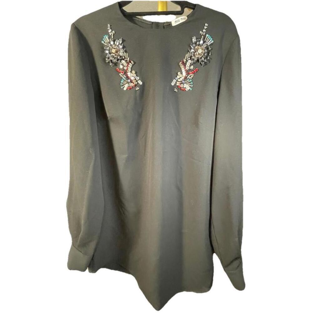 Miu Miu Rhinestone Embellished Shift Dress Women Black Size 42 US 4 READ